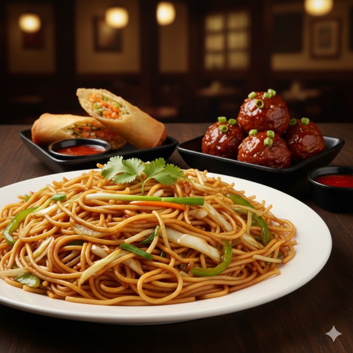 Veg Noodles and Veg Manchurian and Spring Roll